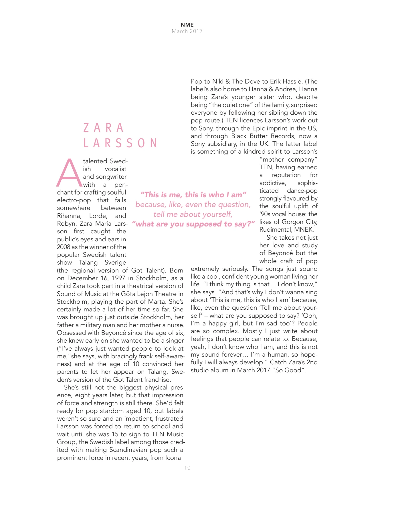 Preview of Zara Larsson editorial body copy layouts
