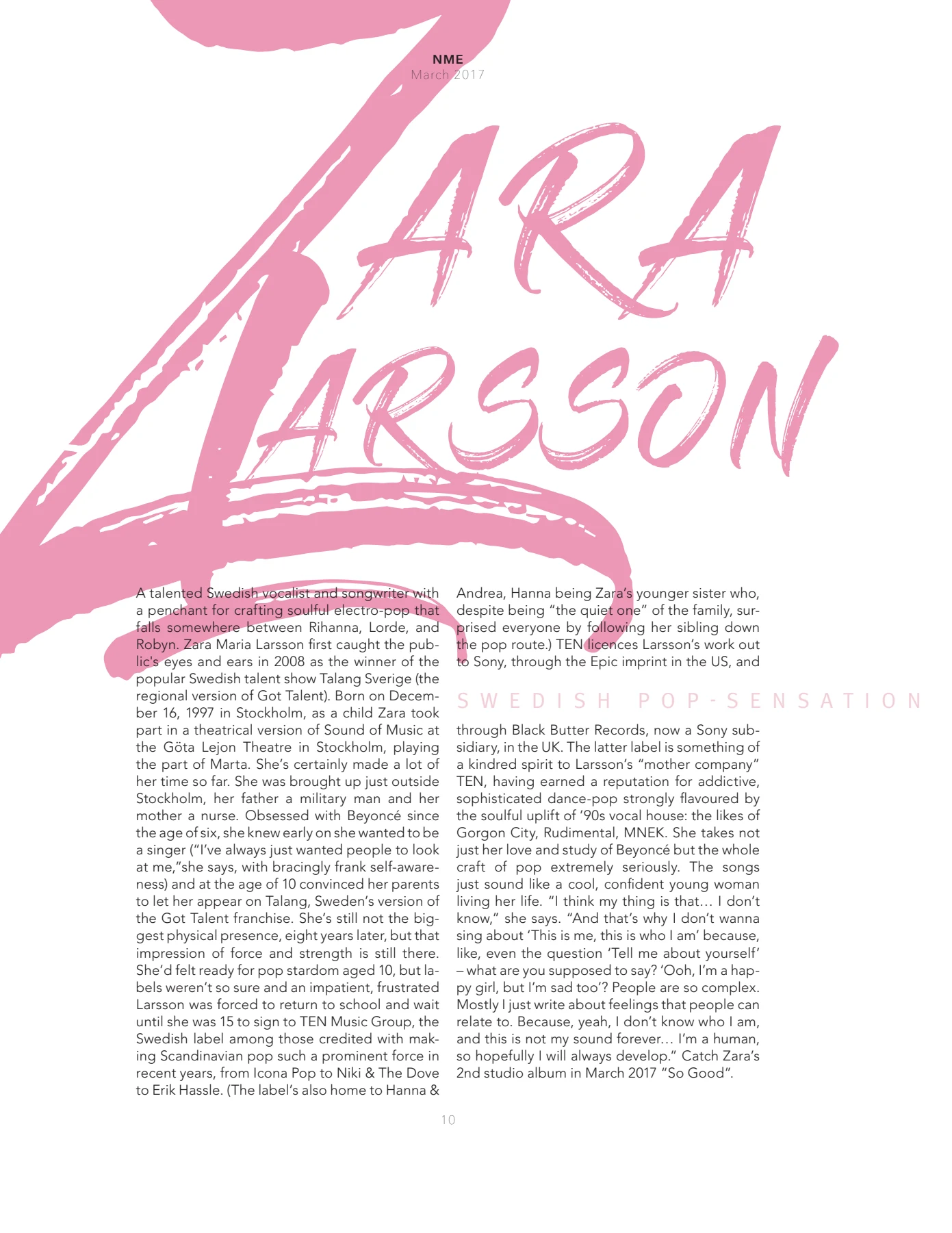 Preview of Zara Larsson headline typography studies